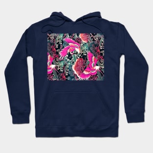 PINK FUCHSIA FLYING CRANES ,FLOWERS, SEA WAVES BLUE GREEN FLORAL Hoodie